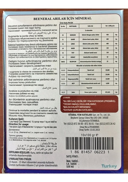 Beeneral Arı Minerali 10 Adet 10 x 100 Gr.