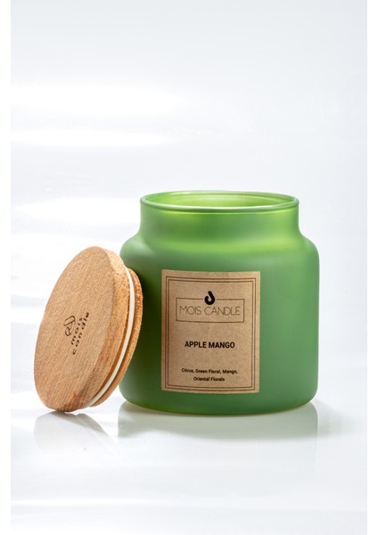 Apple Mango Kokulu - 3 Fitilli Mat Yeşil Ahşap Kapaklı Kavanoz Mum - 700 gr
