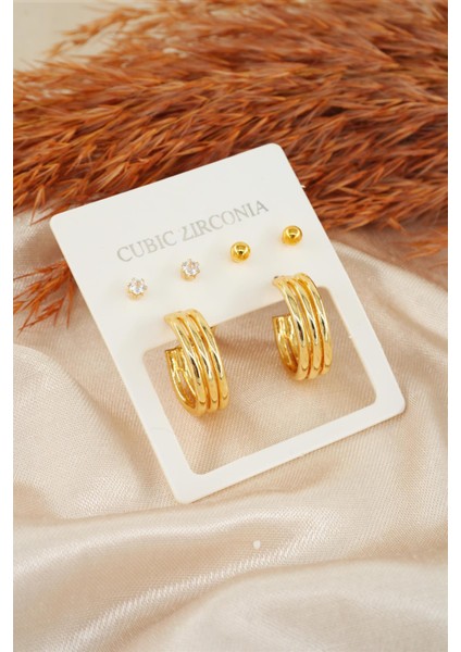 Kadın Özel Tasarım Zirkon Taşlı Oval 6'lı Küpe Seti