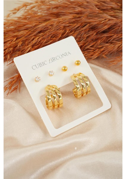 Kadın Özel Tasarım Zirkon Taşlı Oval 6'lı Küpe Seti