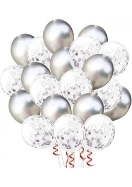 Gümüş Konfetili Balon Seti 20 Adet