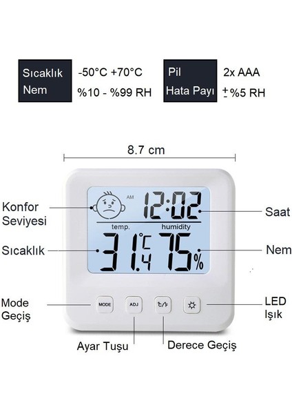 Dijital LCD Masaüstü Saat Sıcaklık Nem Konfor Alarm LED Işıklı Mini Saat