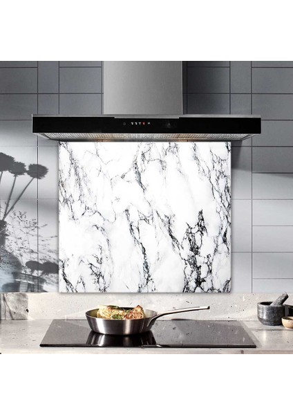 Beyaz Mermer Görünümlü | Cam Ocak Arkası Koruyucu | 52cm x 60cm