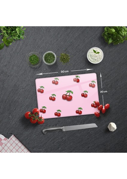 Pembe Dokulu Kiraz Desenli | Cam Kesme Tahtası - Cam Kesme Tablası | 20cm x 30cm fiyatları