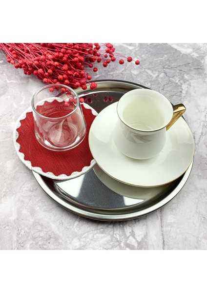 Bordo Renkli Yuvarlak Nakışlı 6'lı Kokteyl Peçetesi