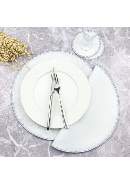 Gümüş Gri Renkli Yuvarlak Nakışlı 4 Parça Set Amerikan Servis ve Kokteyl Peçetesi Amerikan Servis