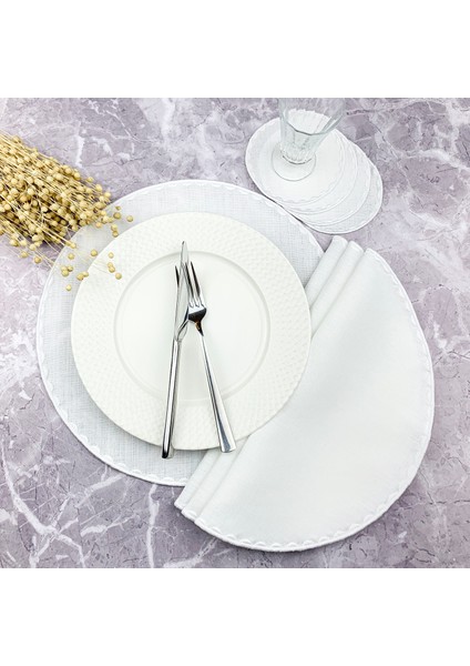 Beyaz Renkli Yuvarlak Nakışlı 8 Parça Set Amerikan Servis ve Kokteyl Peçetesi Amerikan Servis