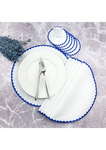 Mavi Renkli Yuvarlak Nakışlı 12 Parça Set Amerikan Servis ve Kokteyl Peçetesi Amerikan Servis