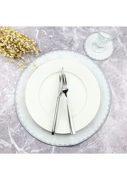 Gümüş Gri Renkli Yuvarlak Nakışlı 2 Parça Set Amerikan Servis ve Kokteyl Peçetesi Amerikan Servis