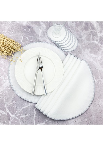 Gümüş Gri Renkli Yuvarlak Nakışlı 12 Parça Set Amerikan Servis ve Kokteyl Peçetesi Amerikan Servis