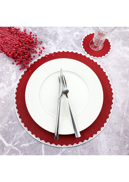 Bordo Renkli Yuvarlak Nakışlı 2 Parça Set Amerikan Servis ve Kokteyl Peçetesi Amerikan Servis