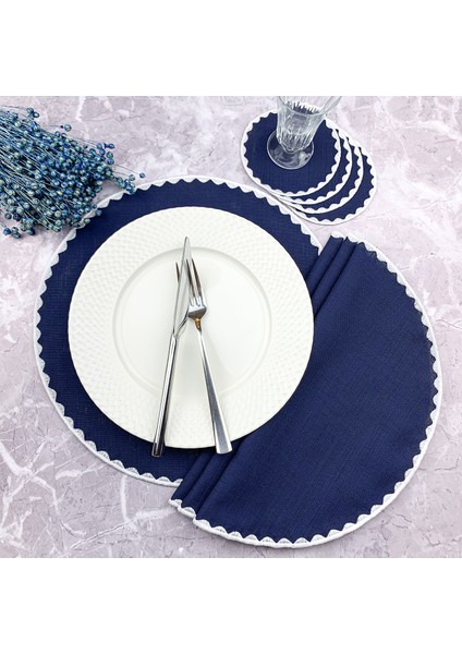 Lacivert Renkli Yuvarlak Nakışlı 8 Parça Set Amerikan Servis ve Kokteyl Peçetesi Amerikan Servis