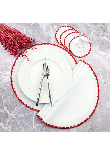Kırmızı Renkli Yuvarlak Nakışlı 8 Parça Set Amerikan Servis ve Kokteyl Peçetesi Amerikan Servis