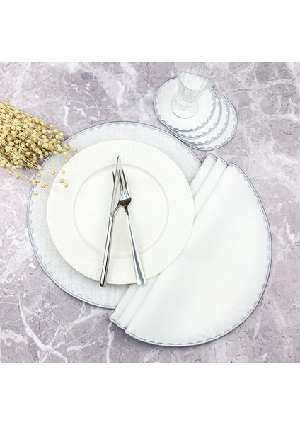 Gümüş Gri Renkli Yuvarlak Nakışlı 8 Parça Set Amerikan Servis ve Kokteyl Peçetesi Amerikan Servis