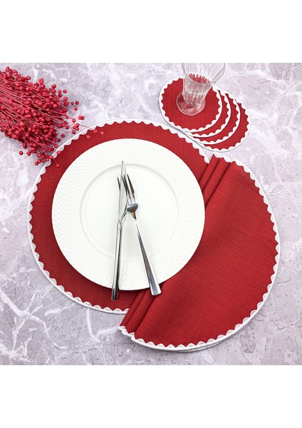 Bordo Renkli Yuvarlak Nakışlı 8 Parça Set Amerikan Servis ve Kokteyl Peçetesi Amerikan Servis