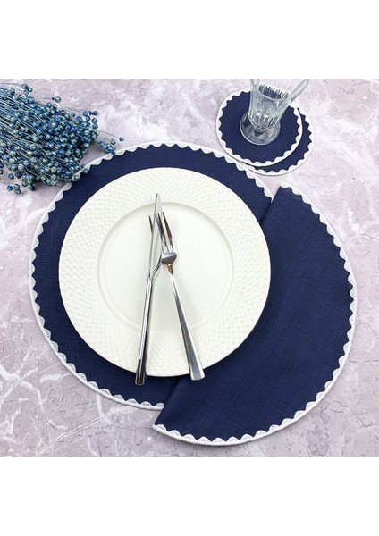 Lacivert Renkli Yuvarlak Nakışlı 4 Parça Set Amerikan Servis ve Kokteyl Peçetesi Amerikan Servis