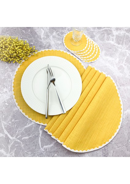 Hardal Renkli Yuvarlak Nakışlı 12 Parça Set Amerikan Servis ve Kokteyl Peçetesi Amerikan Servis