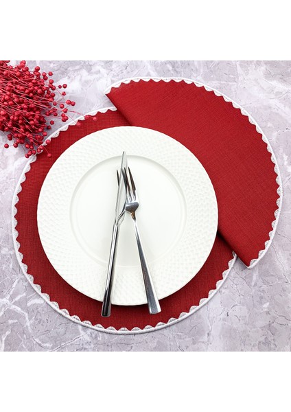 Bordo Renkli Yuvarlak Nakışlı 2'li Amerikan Servis