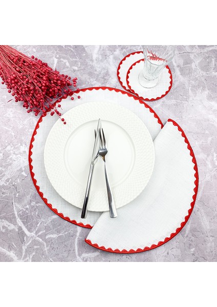 Kırmızı Renkli Yuvarlak Nakışlı 4 Parça Set Amerikan Servis ve Kokteyl Peçetesi Amerikan Servis