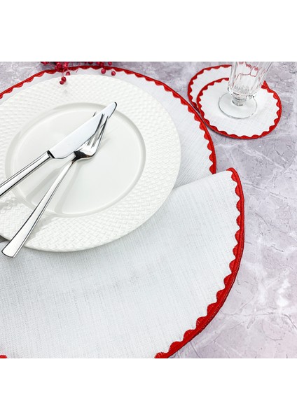 Kırmızı Renkli Yuvarlak Nakışlı 4 Parça Set Amerikan Servis ve Kokteyl Peçetesi Amerikan Servis fiyatları