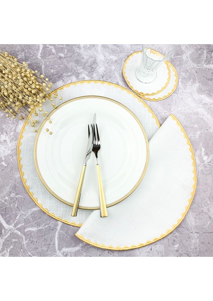 Gold Renkli Yuvarlak Nakışlı 4 Parça Set Amerikan Servis ve Kokteyl Peçetesi Amerikan Servis