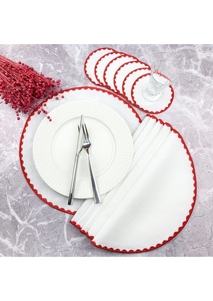 Kırmızı Renkli Yuvarlak Nakışlı 12 Parça Set Amerikan Servis ve Kokteyl Peçetesi Amerikan Servis