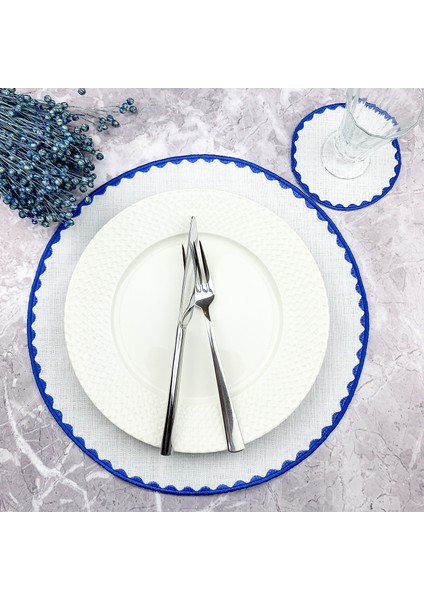 Mavi Renkli Yuvarlak Nakışlı 2 Parça Set Amerikan Servis ve Kokteyl Peçetesi Amerikan Servis