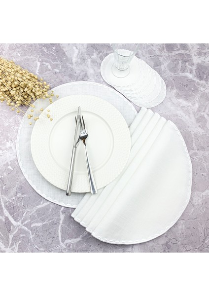 Beyaz Renkli Yuvarlak Nakışlı 12 Parça Set Amerikan Servis ve Kokteyl Peçetesi Amerikan Servis