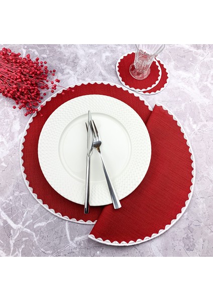 Bordo Renkli Yuvarlak Nakışlı 4 Parça Set Amerikan Servis ve Kokteyl Peçetesi Amerikan Servis