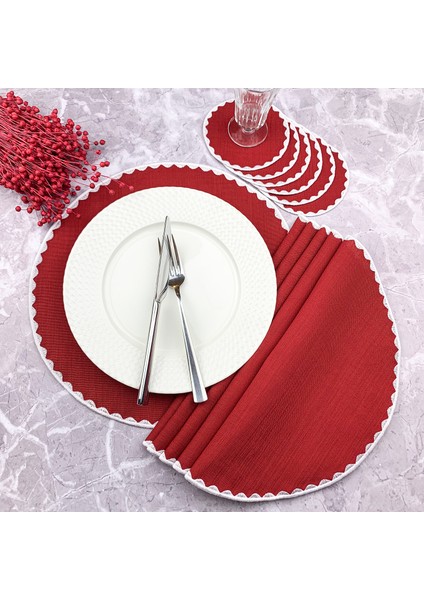 Bordo Renkli Yuvarlak Nakışlı 12 Parça Set Amerikan Servis ve Kokteyl Peçetesi Amerikan Servis