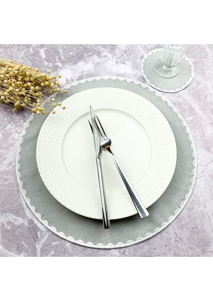 Gri Renkli Yuvarlak Nakışlı 2 Parça Set Amerikan Servis ve Kokteyl Peçetesi Amerikan Servis