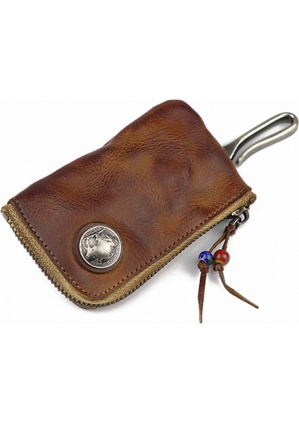 SG139 Retro Cowhide Deri Fermuar Para Çantası Anahtar Tutucu Mini Torama Cüzdanı (Yurt Dışından)