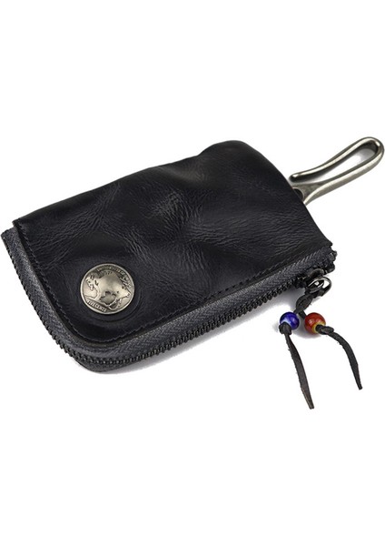 SG139 Retro Cowhide Deri Fermuar Para Çantası Anahtar Tutucu Mini Torama Cüzdanı (Yurt Dışından)