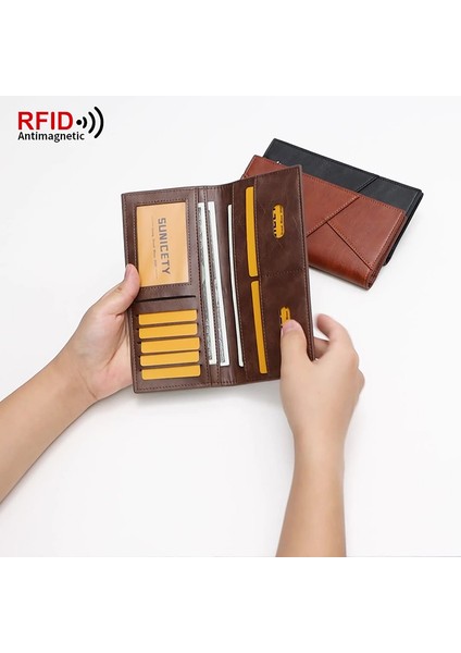 Sunicety Rfid Bloke Pu Deri Ultra Ince Iki Katlı Erkekler Uzun Cüzdan Kartları Nakit Tutucu Çanta (Yurt Dışından) modelleri