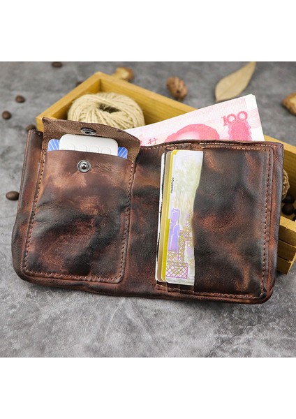 SG625 Cowhide Deri Kısa Cüzdan Değişim Çantası Mini Vintage Çanta Depolama Çantası Çoklu Kart Tutucu (Yurt Dışından) fiyatları