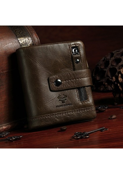Humerpaul HU828 Erkekler Kısa Cüzdan Üst Katman Cowhide Rfıd Blowıng Kart Çantası Fermuarı Para Çanta (Yurt Dışından) fiyatları
