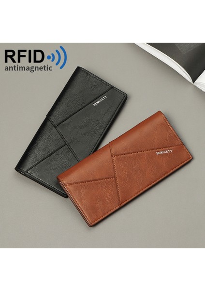 Sunicety Men Rfid Engelleme Bifold Uzun Cüzdan Kredi Kartı  Ince Pu Deri Çanta (Yurt Dışından)