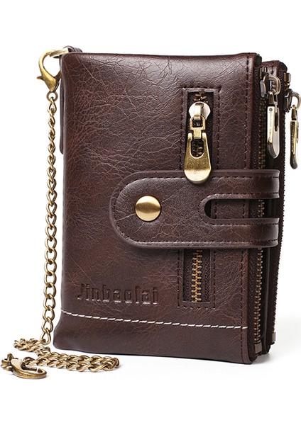 Retro Çift Fermuarı Çok Kart Yuvaları Metal Zincirle Cüzdan Snap Düğmesi Para Çantası (Yurt Dışından)