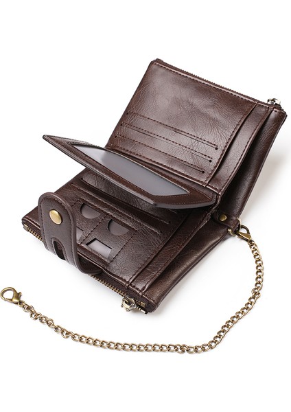 Retro Çift Fermuarı Çok Kart Yuvaları Metal Zincirle Cüzdan Snap Düğmesi Para Çantası (Yurt Dışından) indirimleri