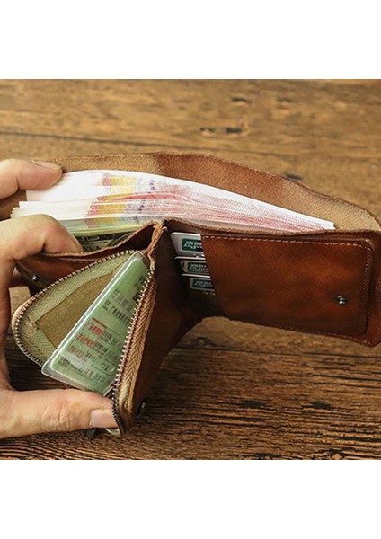SG813 Üst Katman Cowhide Deri Retro Iki Katlı Erkekler Kısa Cüzdan Fermuar Tasarım Kartları Nakit Tutucu Çanta (Yurt Dışından) fırsatları