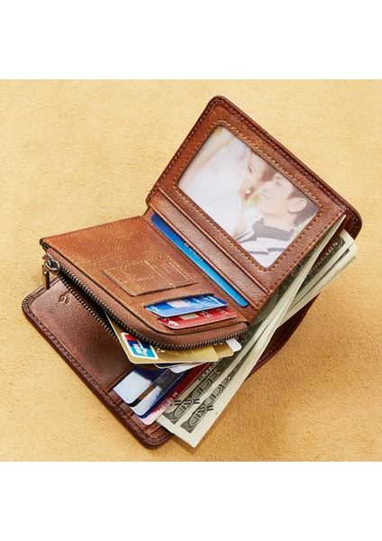 Dante 05510 Rfıd Engelleme Retro Üst Kat Cowhide Erkekler Kısa Cüzdan Para Kart Tutucu Fermuar Cepli (Yurt Dışından) modelleri