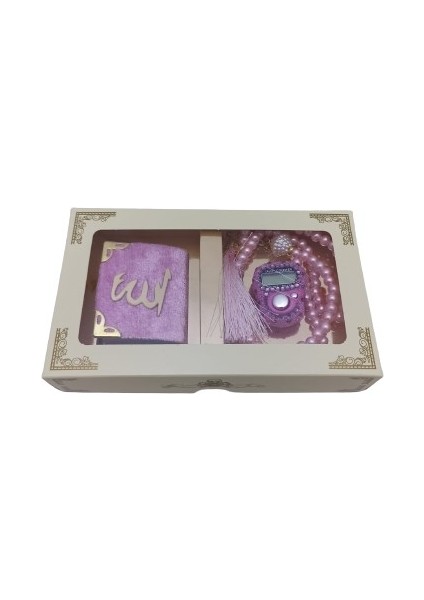 Hediyelik Kutulu Mevlit Hediye Seti Pembe (Mini Kuranı Kerim+Inci Tesbih 99+Taşlı Zikirmatik)