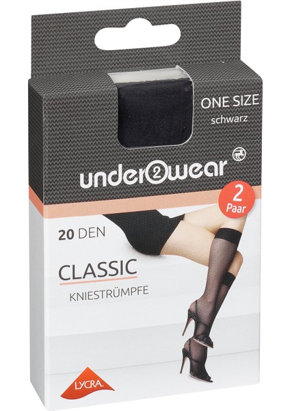 Diz Altı İnce Çorap 20 den, Siyah, Klasik, Standart 2 Çift, Standart Beden