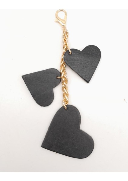 Siyah Gerçek Deri Kalpli Süs Püskül Light Gold Zincirli