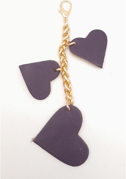 Mor Gerçek Deri Kalpli Süs Püskül Light Gold Zincirli