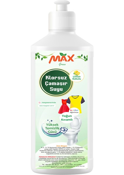 Max Green 2li Set Klorsuz Bitkisel Çamaşır Suyu - Yoğun Kıvamlı - Limon Kokulu 1000 ml