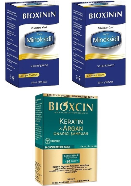 Bioxin Forte %5 Deri Spreyi 60 ml 2 Adet + Bioxcin Keratin & Argan Onarıcı Şampuan 300 ml
