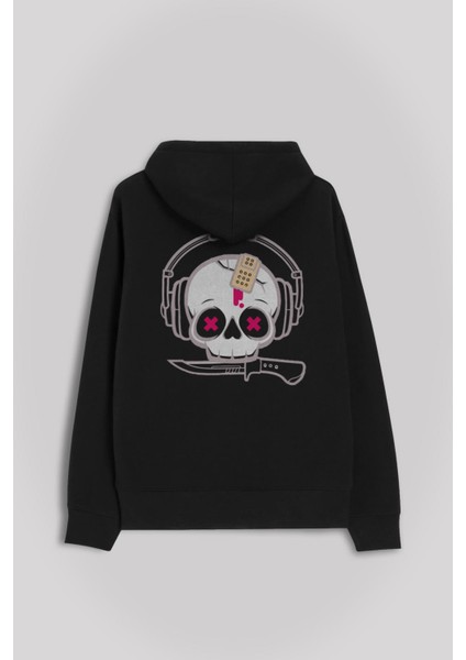 Müzik Dinleyen Kuru Kafa Kulaklık Bıçak Skull Ön ve Arka Baskılı Sweatshirt Unisex Kapüşonlu Hoodie10