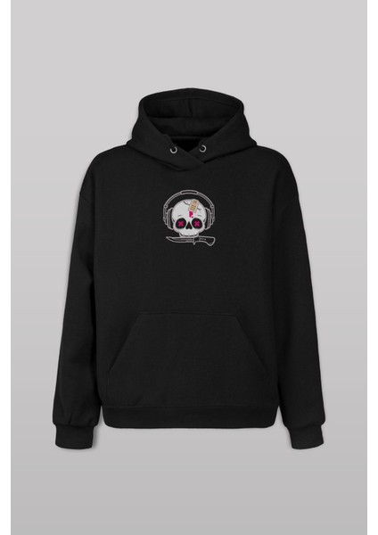 Müzik Dinleyen Kuru Kafa Kulaklık Bıçak Skull Ön ve Arka Baskılı Sweatshirt Unisex Kapüşonlu Hoodie10