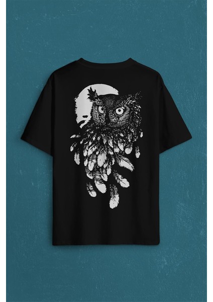 Baykuş Dolunay Owl Sırt Ön Baskılı Oversize Tişört Unisex T-Shirt10